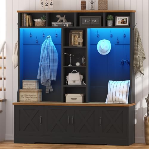 Black Hall Tree with Bench and Shoe Storage, Entryway Bench with Coat Racks