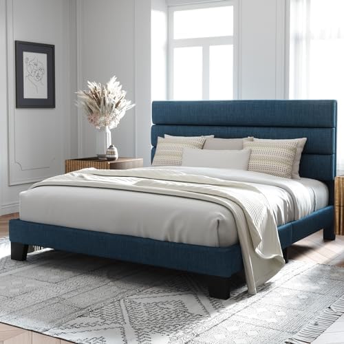 Allewie King Size Platform Bed Frame with Fabric Upholstered Headboard Blue