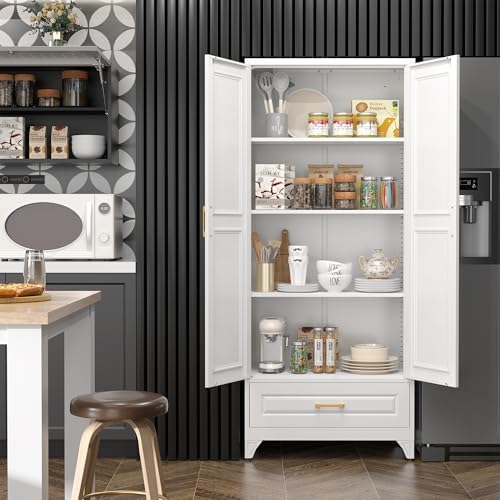 SteeLoong 75" Metal Storage Cabinet with Doors and 3 Adjustable Shelves | Kitchen Pantry Cabinet with Drawer,White Kitchen Cabinet with 2 Gold Handles,Food Cupboard for Livingroom,Pantry, Bathroom