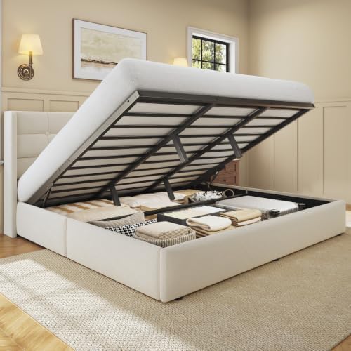 HISOFT King Size Lift Up Storage Bed Frame, Velvet Upholstered Platform Bed with Wingback Headboard, Heavy Duty Hydraulic Gas Lift Underbed Space, Reinforced Full Metal Slats, Noise Free, Light Beige