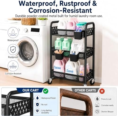 3 Tier Heavy Duty Rolling Cart Organizer, Black Utility Storage Carts with Wheels,Three Tiered Snack Cart for Baby Diaper Caddy, Cleaning Supplies, Craft Art Supply, Lash, Bathroom, Kitchen, Bedside