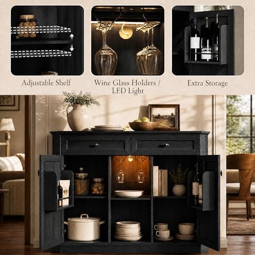 Black Coffee Bar with 2 Drawers & 2 Doors, LED Wine Bar Cabinet with Wine Glasses, Coffee Station with Built-in Outlets, Buffet Cabinet Sideboard with Extra Storage for Living Room Kitchen Entryway