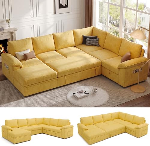 106'' Modular Sectional Sofa with Pull Out Bed, Sleeper Sofa, Yellow