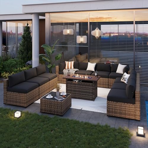Aoxun Patio Furniture Sets, 12-Piece Outdoor Patio Furniture with 44'' Propane Gas Firepit Table, Wicker Outdoor Conversation Set Sectional Sofa for Backyard, Poolside, Garden