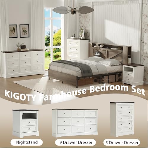 KIGOTY Farmhouse Bedroom Set, 4 Pcs Dresser and Nightstand Sets, 9/5 Drawer Dresser & 2 Drawer Nightstand Set with Charging Station,Rustic Wood Bedroom Furniture Set for Home