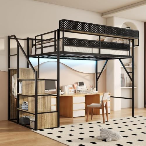 Full Size Metal Loft Bed with Storage Stairs, Wardrobe & Charging Station