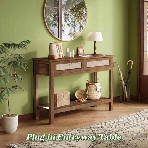SUPERJARE Rattan Console Sofa Table with Outlets, USB-C Port and 3 Drawers