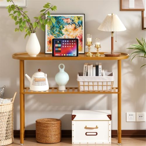 Bamboo Foyer Table for Entryway 39.4", Farmhouse Entryway Table for Hallway Oval Top, Sofa Console Table with Anti-fall Edge, TV Stand for Living Room, Indoor Plant Stand, 5min Easy Assembly, Walnut