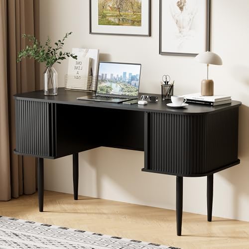 Furniway 55" Modern Writing Desk, Wood Home Office Desk, Black