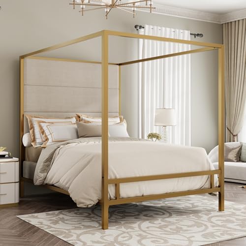 LUMISOL King Size Canopy Bed with Tall Upholstered Headboard, Upholstered 4-Poster Platform Bed Frame with Metal Posters, Box Spring Needed, Easy Assembly, Gold + Tan