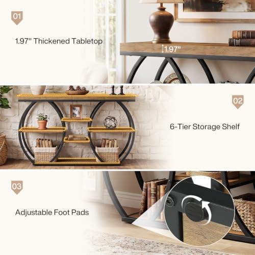 Tribesigns 47-Inch Farmhouse Console Table for Entryway, 4-Tier Narrow Industrial Sofa Table with Artistic Curved Metal Frame for Living Room, Hallway, Foyer, Behind Couch, Rustic Brown