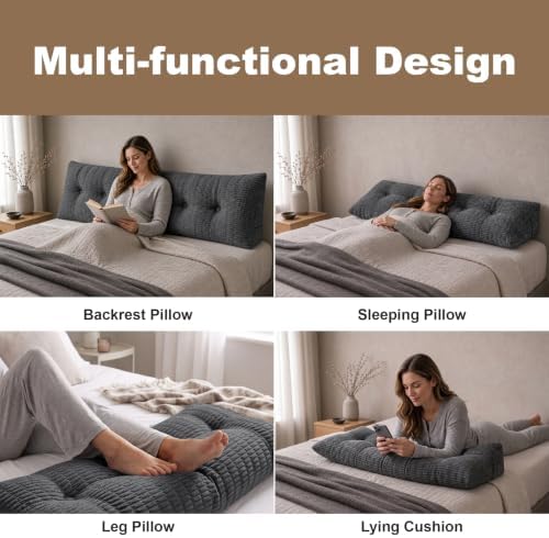 Headboard Pillow Queen, Wedge Pillow for Headboard, Backrest Pillows for Reading, Sitting, Working in Bed, Daybed Soft Pillows with Removable Cover for Bed Dorm Sofa, Dark Grey