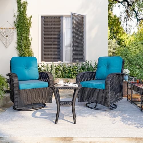 Aoxun 3 Pieces Patio Furniture Set, Patio Swivel Rocker Chairs Set of 2, Wicker Outdoor Bistro Set with Rocking Chair, Thickened Cushions and Table for Porch (Peacock Blue)