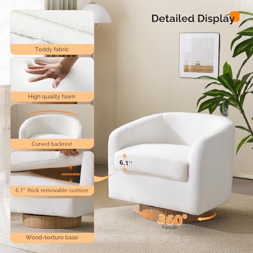 VINGLI 360°Swivel Accent Chair with Engineered Wood Base and Removable Cushion for Living Room, Bedroom, Curved Back Barrel Chair for Small Space, Upholstered Bucket Armchair, Teddy White
