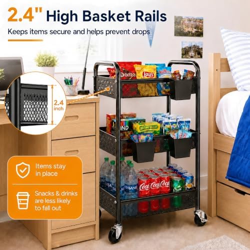 3 Tier Heavy Duty Rolling Cart Organizer, Black Utility Storage Carts with Wheels,Three Tiered Snack Cart for Baby Diaper Caddy, Cleaning Supplies, Craft Art Supply, Lash, Bathroom, Kitchen, Bedside