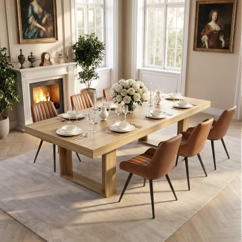 Miereirl 7-Piece Modern Farmhouse Dining Table Set, 86.6" x 47.2" Sturdy Stable Dining Table with 6 Chairs, Rectangular Kitchen Table Set for 6,(Natura Table+6 Brown Chairs)
