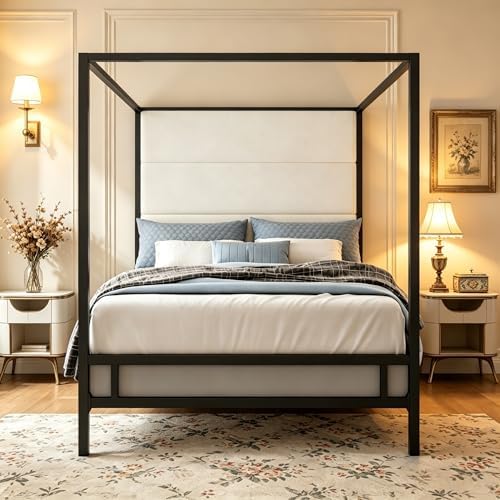 LUMISOL King Size Canopy Bed Frame with Tall Upholstered Headboard, Four Poster Metal Platform Bed with Velvet Headboard, Modern Luxury Canopy Bed, Box Spring Needed, Black + White