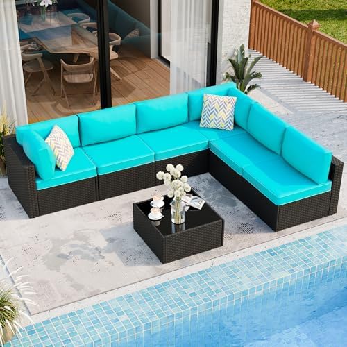 Shintenchi 7 Piece Outdoor Patio Furniture Set with Black PE Rattan, Blue
