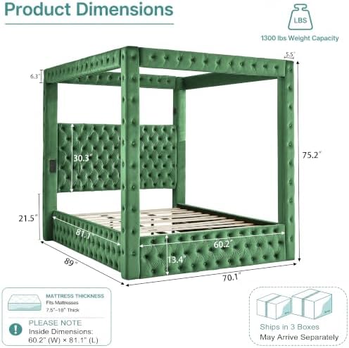 LUMISOL Canopy Bed Frame Queen Size, Velvet Upholstered Platform Bed with Button Tufted Headboard, Four Posters, Built-in Speaker and Charging Station, Heavy Duty Mattress Foundation, Green