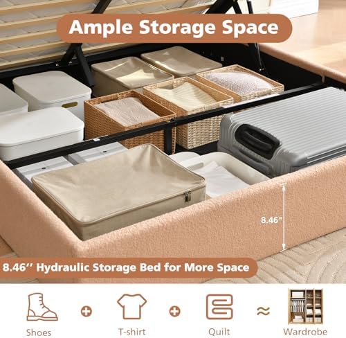 VELOCAVA Full Size Lift-Up Storage Bed, Modern Upholstered Boucle Bed with Curved Headboard, Gas Lift Platform, Sturdy Wooden Slat Support, No Box Spring Needed, Easy Assembly, Blush Pink-Beige