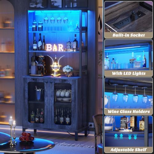 Aheaplus Bar Cabinet with Power Outlets,67" Tall Wine Bar Cabinet,Black Oak