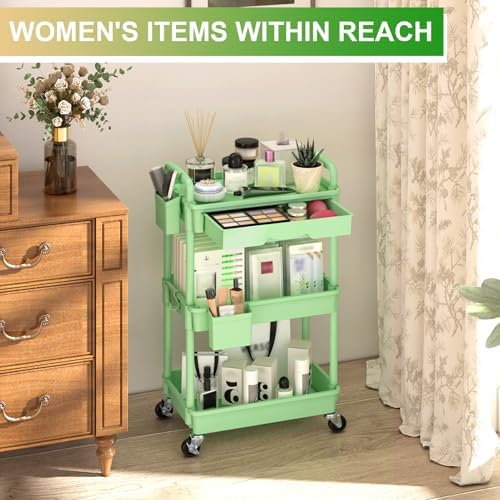 Goovilla 3 Tier Rolling Utility Cart Organizer with Removable Drawer, Green