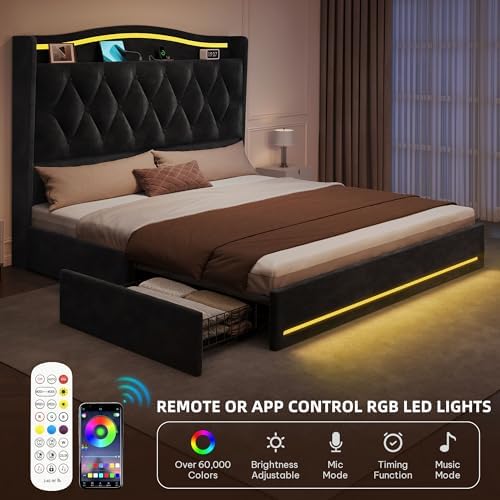 DWVO Queen Size Bed Frame with 4 Storage Drawers and RGB LED Lights, Black