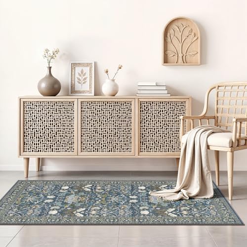 Washable 2x4 Entryway Area Rugs: Anti-Slip Thin Kitchen Carpet Indoor Light-Weight Doormat Ultra Soft Low Pile Nursery Room Rug Vintage Small Floor Mat for Hardwood Bedroom (2x4,Floral/Blue)