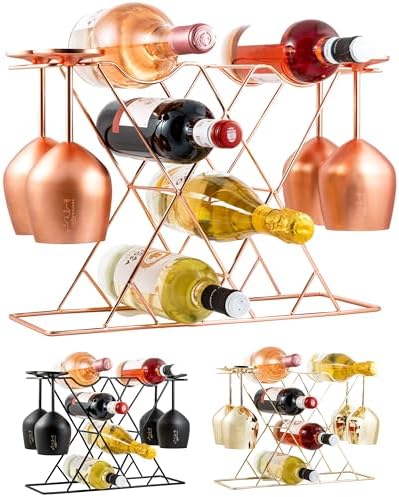 Gusto Nostro Countertop Wine Rack with Glass Holder for 8 Bottles & 4 Glasses, Small Modern Tabletop Wine Rack - No Assembly Wine Holder Stand for Home Kitchen Cabinet Wine Cellar Storage (Rose Gold)