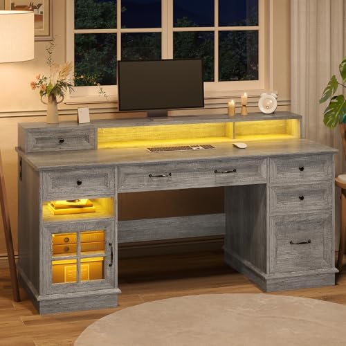 HAUOMS Farmhouse Executive Desk Computer Desk with Drawers，Grey