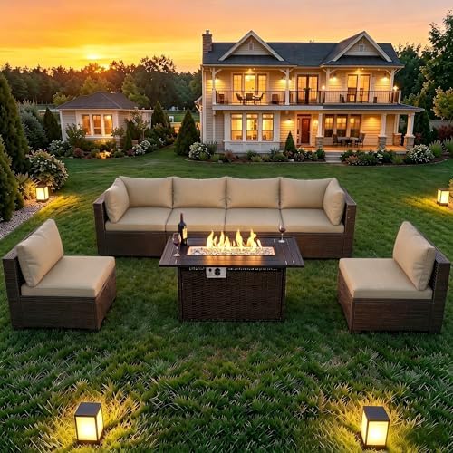 LAFWELL 8-Piece Wicker Patio Conversation Set with 44" Propane Fire Pit Table, Cozy Outdoor Sectional Sofa for Backyard Gatherings, Poolside Lounging & Garden Parties