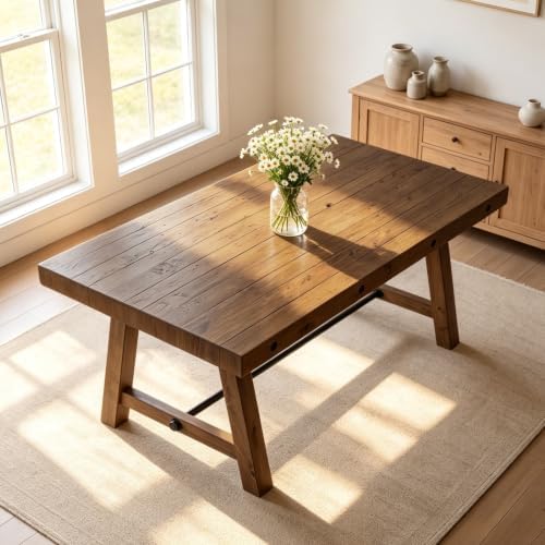 Rustic Farmhouse Dinning Table, Reclaimed Solid Wood Kitchen & Dining Room Table for 4-6 People, 59" Wooden Rectangular Kitchen Table with Trestle Base for Dining/Kitchen Room, Walnut