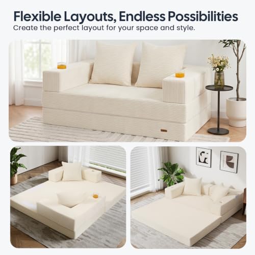 COMAX Boneless Futon Sofa Bed, 59" Small Low-Profile Floor Couch, Beige
