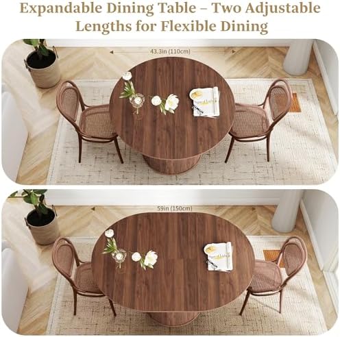 weselon 43"-59" Extendable Round to Oval Dining Table with Hidden Storage, Modern Wooden Kitchen Table with Fluted Sliding Door Cabinet, Expandable Dinner Table for Dining Room Living Room (Walnut)