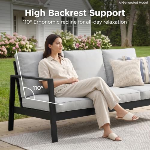 Wisteria Lane Aluminum Outdoor Patio Sofa, High Backrest Metal 3-Seat Outdoor Couch with 5 inch Thick Cushions, Patio Furniture for Deck Porch Garden Poolside, Grey