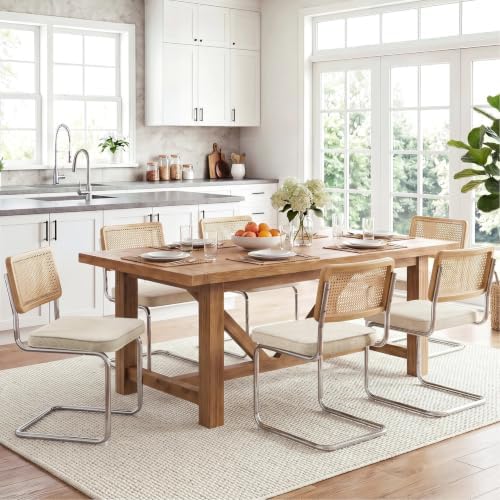 Zesthouse Natural Rattan Dining Chairs Set of 6, Mid Century Cane Dining Room Chairs with Solid Wood Back & Chrome Base for Kitchen, Breuer Design Inspired, Upholstered Linen Fabric, Beige