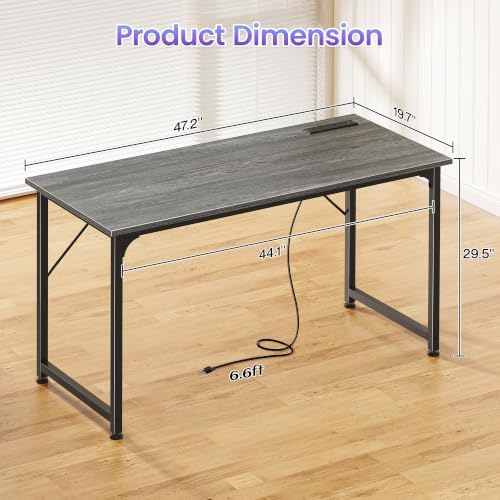 PRAISUN 47 X 20 Inch Computer Desk, Power Outlets, USB-C, Grey