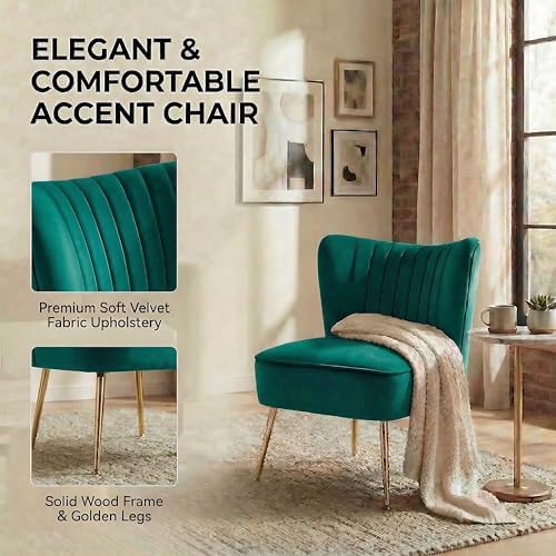 DUOMAY Modern Accent Chair Set of 2 Velvet Slipper Chair with Gold Legs Wingback Side Chair for Living Room Bedroom Entryway Small Corner Chair for Space Saving, Green