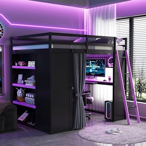 Merax Full Size Loft Bed with Desk and 6 Storage Shelves, Wardrobe, Blackout Curtain, Solid Wood Gaming Loft Bed Frame with USB Port & RGB Lights, No Box Spring Needed, Space-Saving, Black+Purple