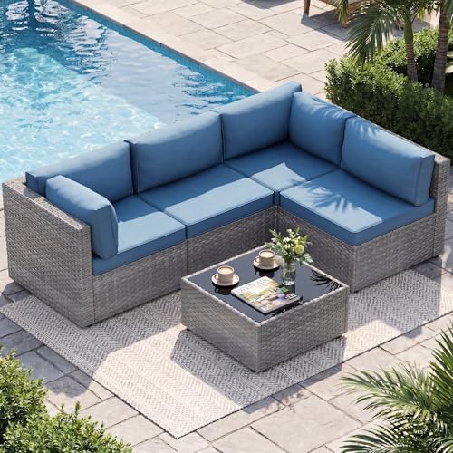 5 Piece Outdoor Patio Furniture Set with Silver PE Rattan, Navy Blue