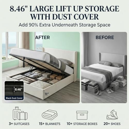 Full Lift Up Storage Bed, Corduroy Platform Bed with Headboard, Cream