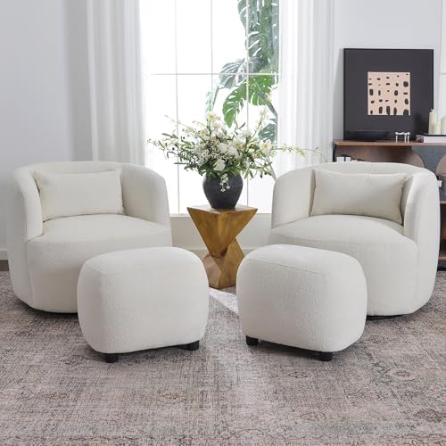 KINWELL 34" Wide 2 Boucle Swivel Barrel Chairs and 2 Ottomans Set, Beige