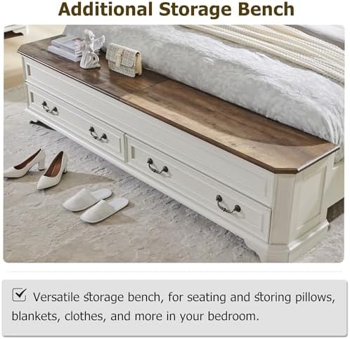 T4TREAM Farmhouse Queen Bed with Headboard and Storage Bench(Antique White)