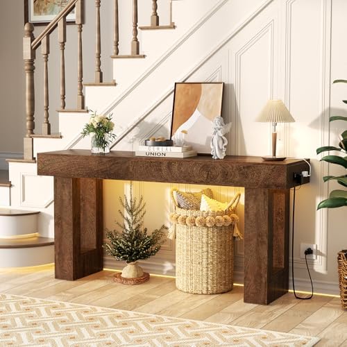 Unikito 63" Console Table with Sensor Light and Oulets, Rustic Oak