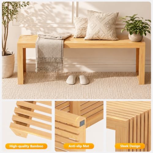 Bamboo Dining Bench, 35'' Slatted Design Entryway Bench, Natural