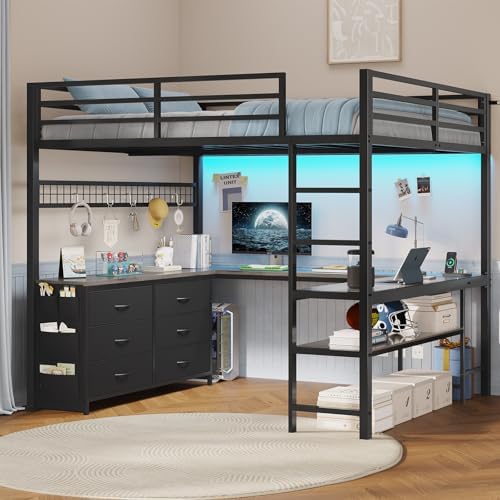 ADORNEVE Loft Bed Full Size with U-Shaped Desk, 6 Storage Drawers, Grey