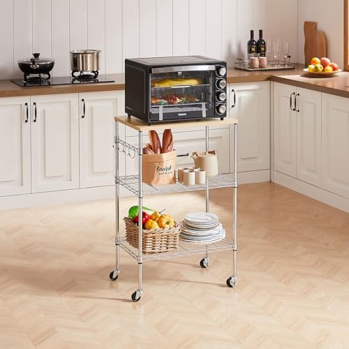 BolDuck 450Lbs Capacity Microwave Cart with Wheels, 3 Tier Rolling Cart with Adjustable Shelves, Multifunctional Metal Utility Storage Kitchen Carts on Wheels, 23.6" L*15.7" W*37" H, Wood+Chrome