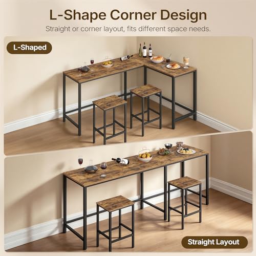 YATINEY 78.7" Bar Table and Chairs Set, L-Shaped Bar Height Table and 2 Chairs, Convertible Bar Table with Stools for Kitchen, Corner, Apartment, Easy to Assemble, Rustic Brown and Black BT14BR