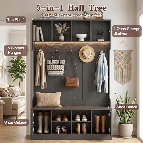 5-in-1 Hall Tree with Bench and Shoe Storage with LED Sensor Light, Black丨Entryway Coat Rack with Hooks and Storage Cubes, Shoe Cabinet with Fluted Door, Modern Hall Tree for Entryway, Living Room