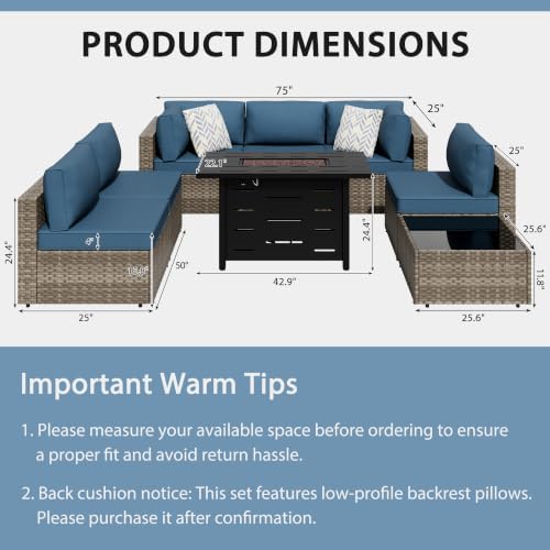 Shintenchi 8 Piece Outdoor Patio Furniture Set with 43 Inch Propane Fire Pit, Washable Cushions, Glass Coffee Table, Waterproof Cover & CSA Certified for Backyard Poolside, Natural PE Rattan/Navy Blue